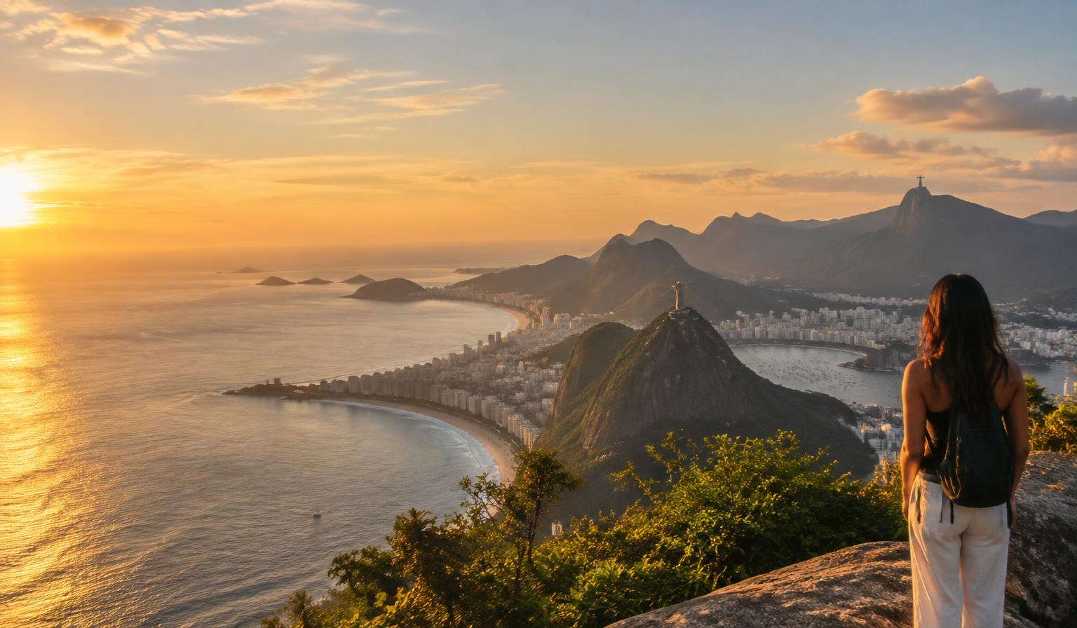 Viajante contemplando o Rio de Janeiro ao pôr do sol